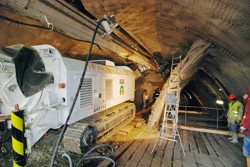 Drilling a borehole for a micropile umbrella securing the driving works in the city tunnel; the Královopolský Tunnel in Brno