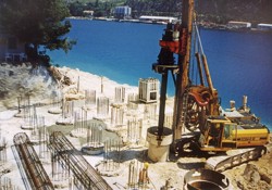 A field of bored piles; foundation of a new bridge abutment over the Dubrovacka River in Croatia
