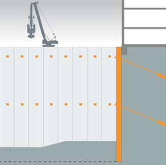 Anchored prefabricated diaphragm wall sheeting a foundation pit and at the same time forming an elevational surface