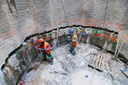 Compensation grouting shaft overlooking a horizontal grouting field; the Královopolské Tunnels in Brno