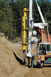 Rider driving securing a foundation pit of the excavated tunnel section in Komořany, Prague