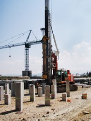 Prefabricated reinforced concrete piles driving at the construction site of the express way H5 Koper-Lucija in Slovenia